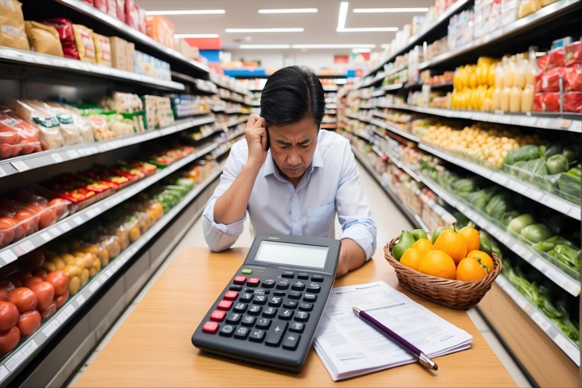 Lojista de supermercado preocupado fazendo contas com calculadora