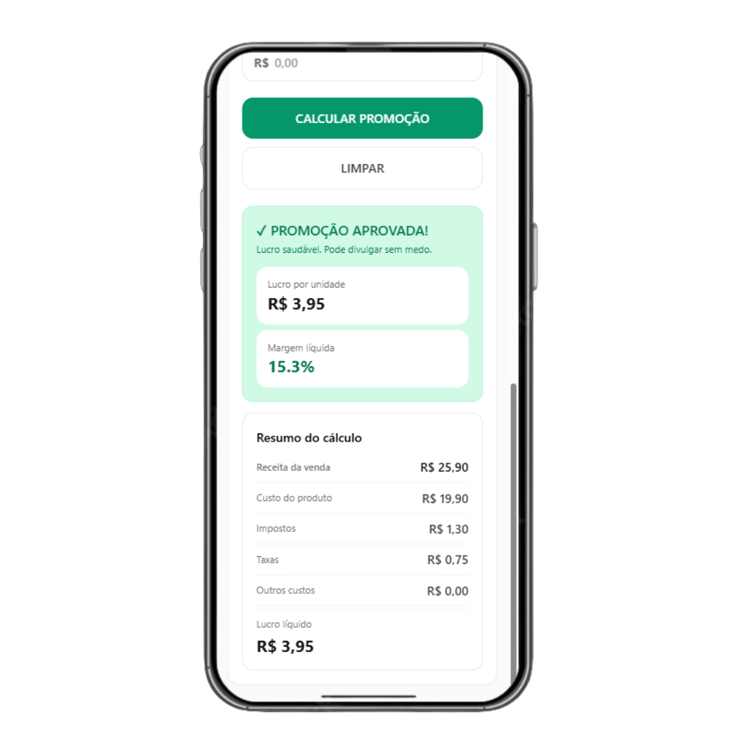 Resultado real da Calculadora: promoção aprovada, lucro por unidade de R$ 3, 95