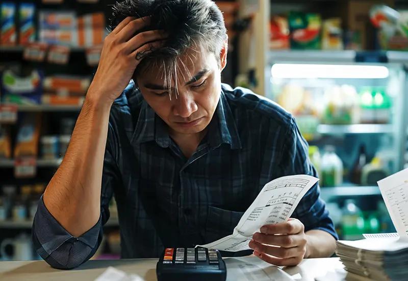 Comerciante estressado analisando recibos e calculadora