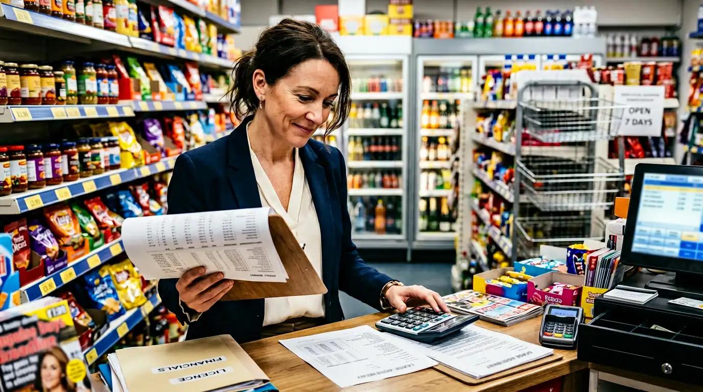 Comerciante conferindo planilha e calculadora no balcão da loja